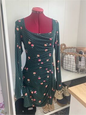 Free People Dark Green Floral Ruched Long-Sleeve Mini Dress | Cottagecore